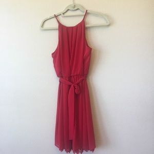Red halter dress with lace trim